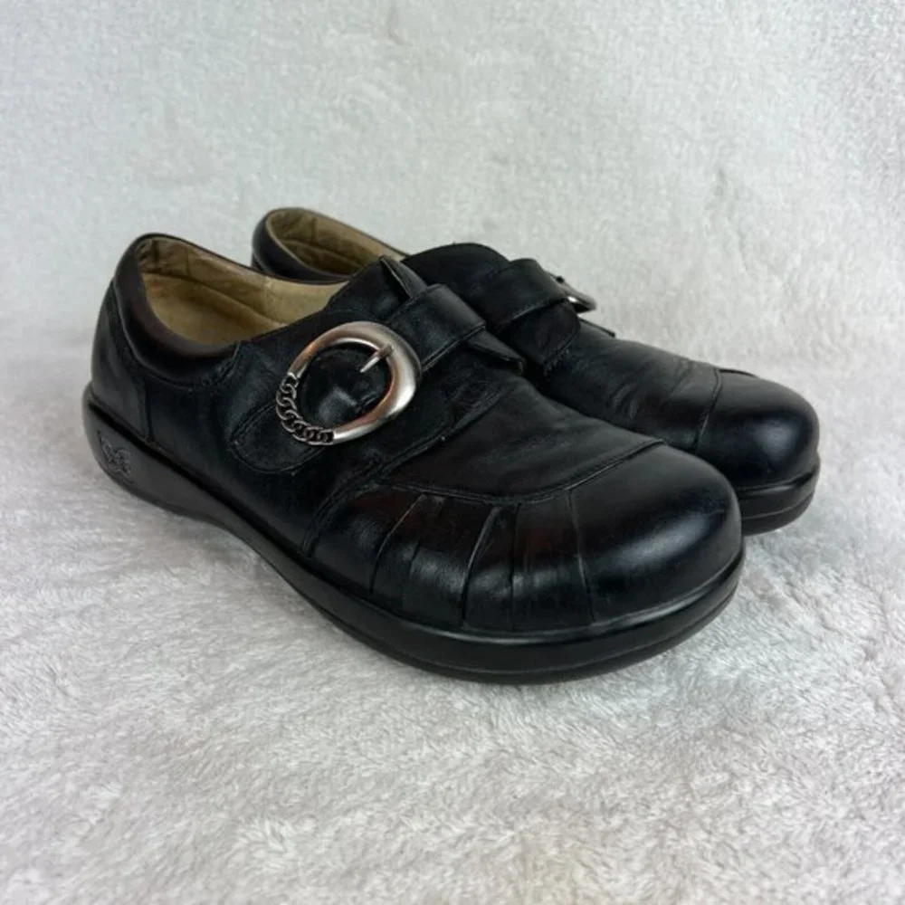 Alegria Leather Shoes‎ 9/9.5 Womens 39 EU Khloe Black Nappa Buckle Wedge